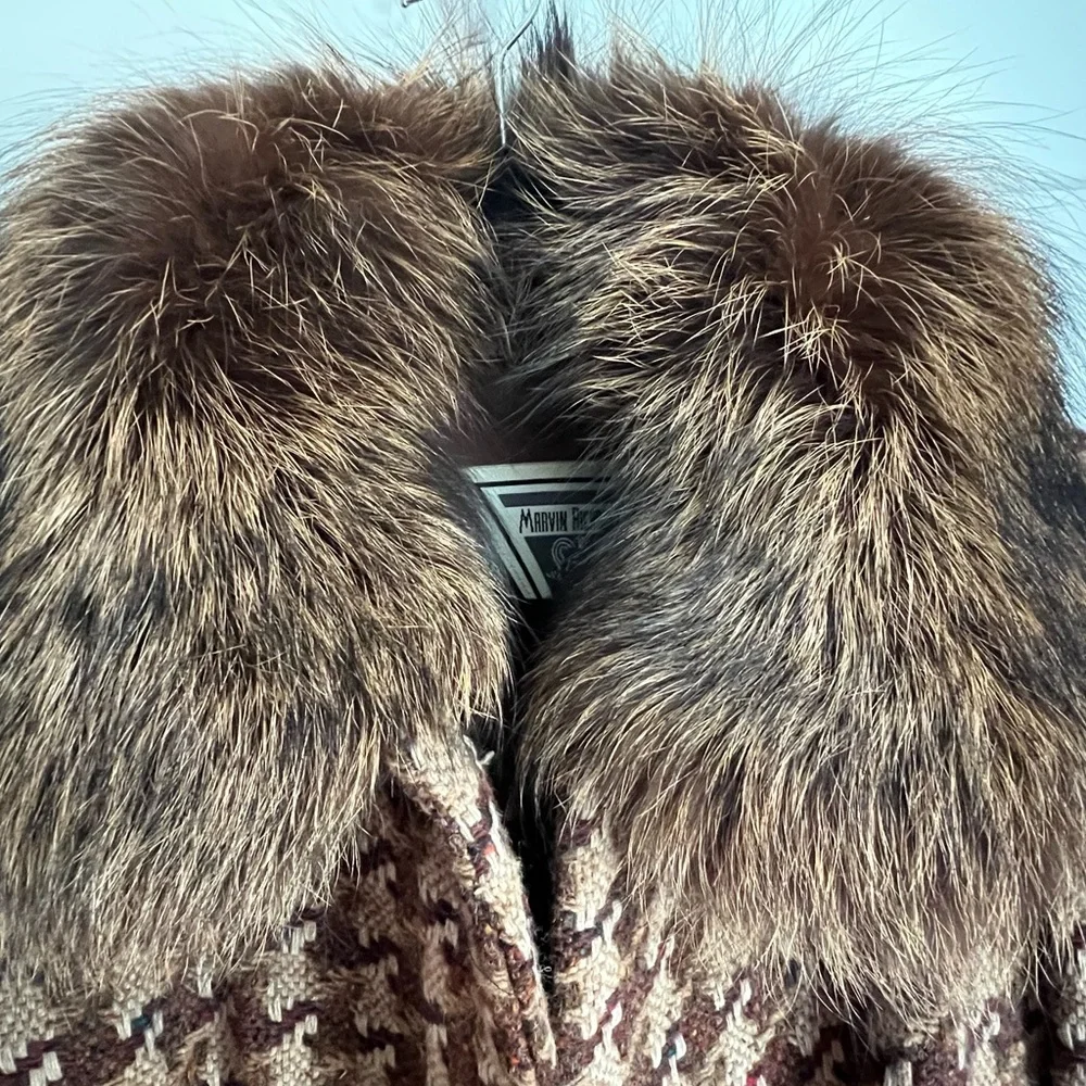 Marvin Richards VTG NEW Houndstooth Wool Coat with Fox Fur Collar Size 10 - Picture 13 of 14